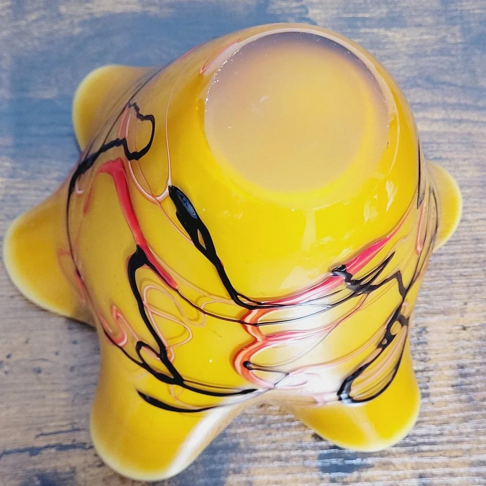 Yellow Art Glass Fluted Handkerchief Vase Art Glass Art Deco Yellow Red‎ Black